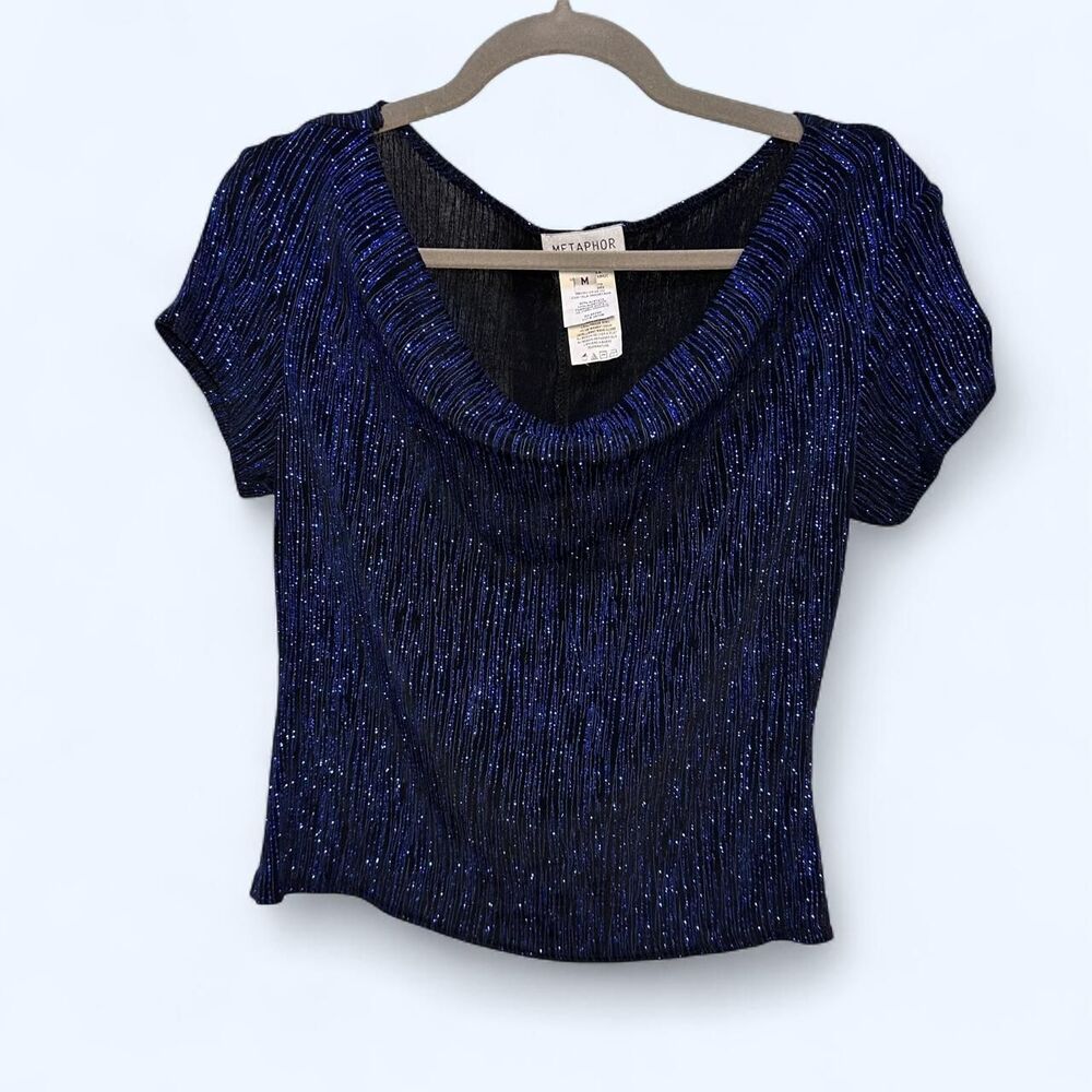 Metaphor Shimmering Cobalt Blue Ribbed Stretchy Cowl Neck Party Top Size M
